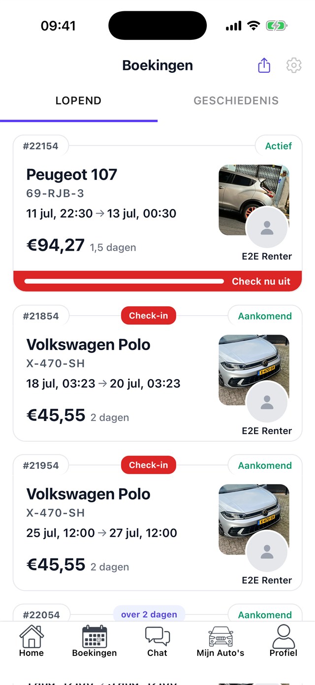 Het boekingenoverzicht in de Trippelcar-app
