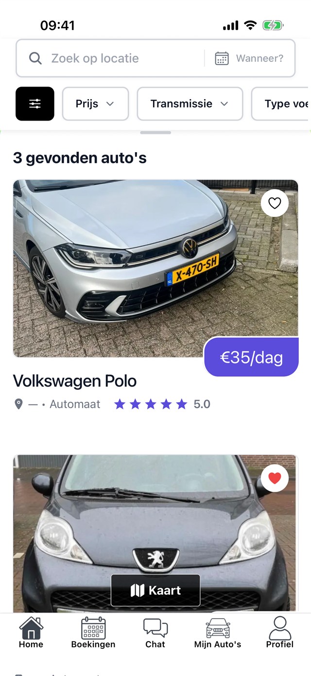 Het homescherm van de Trippelcar-app met beschikbare auto's in de buurt